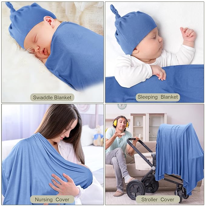JaGely 2 Pcs Stretchy Baby Swaddle Blankets Set Extra Soft 47" x 47" Baby Newborn Swaddle Blanket and Hat(Blue, Army Green)