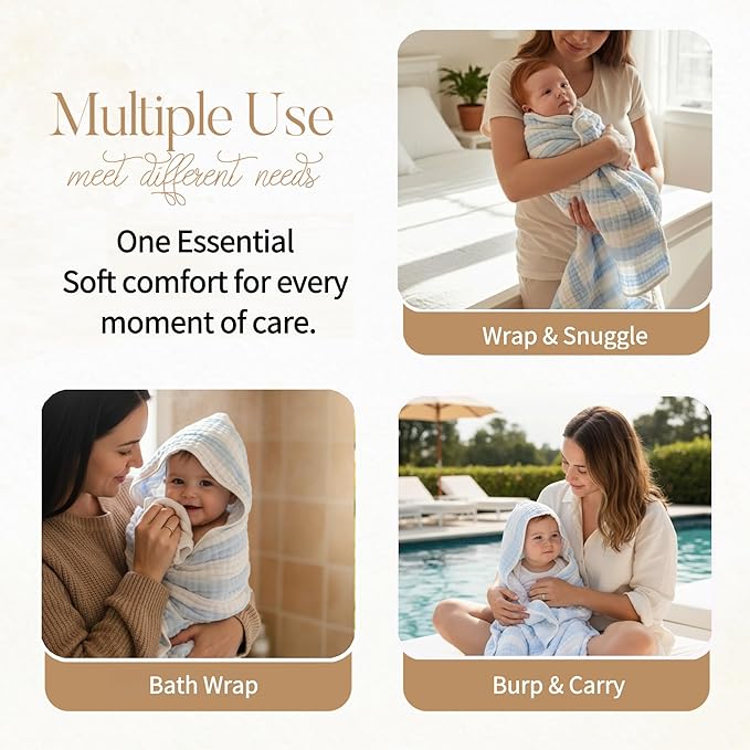 Muslin Hooded Baby Towel 4 Pack, Preuim Muslin 6 Layers Natural Cotton Baby Bath Towels, Soft and Comfortable for Boys,Girls (32 x 32, Blue Striped and White)