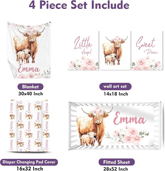 Personalized Baby Crib Bedding Set: 4 Piece Custom Gift Crib Bed Set with Name - Pink Highland Cow Design, Nursery Bedding Set for Baby Girls,Newborn Girls Crib Sets, Crib Bedding Shower Gifts