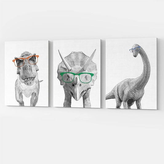 GUBIYU Black and White Animals Canvas Wall Art Print Set of 3 - Dinosaur Bathroom Decor Room Posters - Funny Painting for Kids Boy Girl Nursery 12"x16"