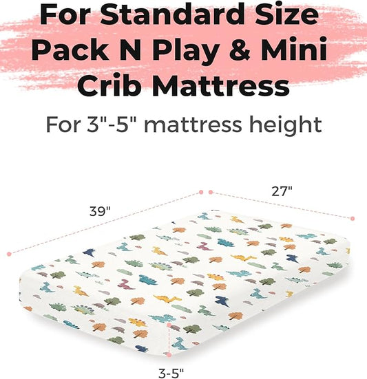 Pack and Play Sheets 2 Pack, Fitted Jersey Knit Mini Crib Sheets for Baby Boys and Girls, Compatible with Graco Pack N Play and Mini Crib Mattress (Sage Dino, Pack N Play/Mini Crib Sheets)
