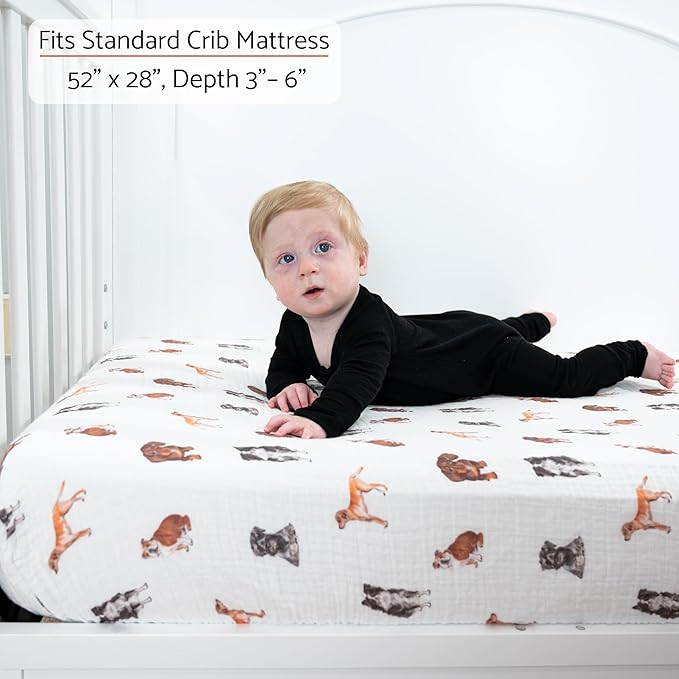 LollyBanks Muslin Crib Sheet 1 Pack, 100% Cotton Soft and Breathable Baby Crib Sheets for Boys and Girls, Fits Standard 52"x28" Mattress, Neutral Baby Bedding Essentials for Registry (Dogs Print)