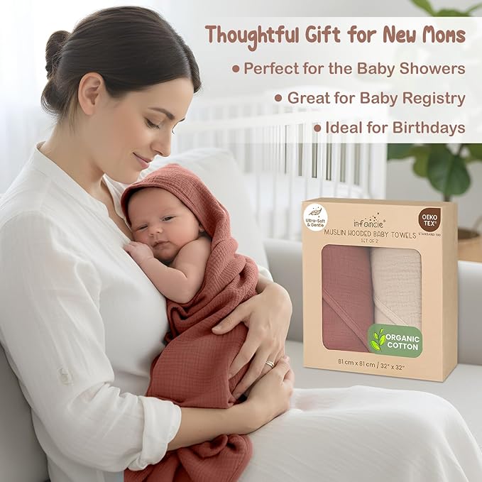 Organic Cotton Muslin Baby Hooded Towels - 32x32 Inch, 2 Pack Newborn Bath Towels for Boys & Girls, Soft & Absorbent Bath Set (Rust/Ivory)