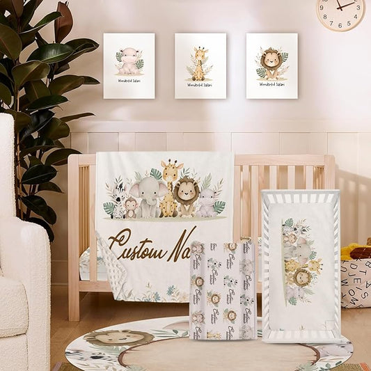 Personalized Crib Bedding Set, Custom Name Baby Bedding 5-Pcs Set - Soft Blanket Fitted Sheet Changing Pad Cover Nursery Rug and Wall Art, Cute Animal Theme Nursery Decor for Newborn Boys Girls