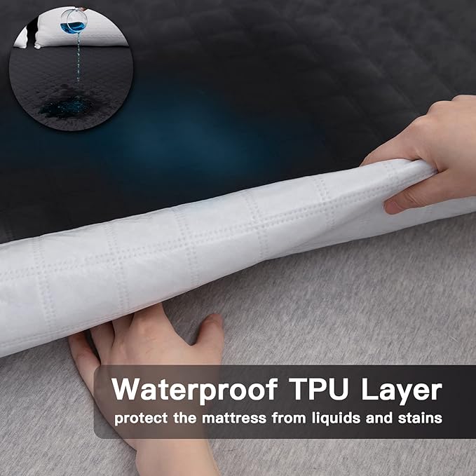 Mecerock Twin Mattress Protector, Quilted Fitted Mattress Cover with Deep Pocket, Washable Waterproof Twin Size, Dark Grey