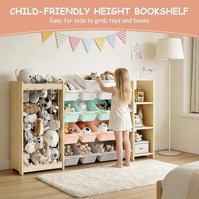 EXPERLAM 3-in-1 Toy Storage Organizer, Stuffed Animal Holder & 3-Tier Bookcase, Solid Wood Toy Organizer with 12 Storage Bins, Space-Saving Toy & Book Shelf for Kids Rooms, Bedroom, Playroom, Multi