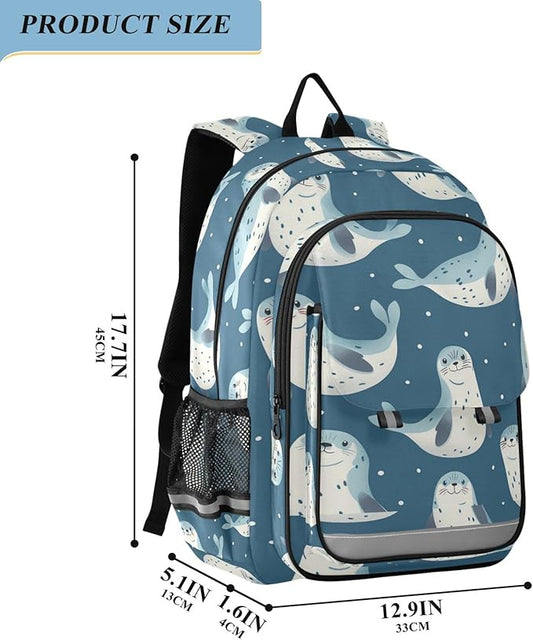 Jucciaco Seal Cartoon School Backpack Laptop Travel Backpack for Kids Girls Boys, Computer Notebooks Bookbag with Reflective Stripes