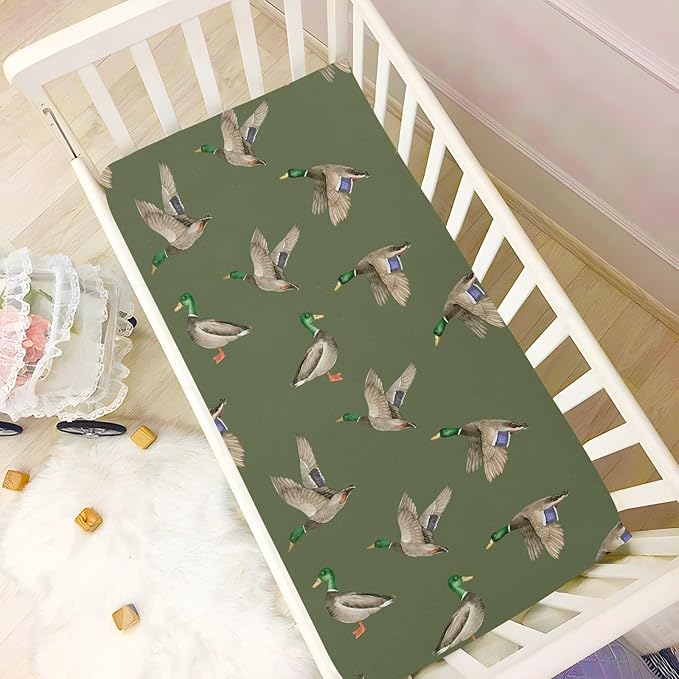 Fitted Crib Sheets for Baby Boys or Girls Soft Breathable Baby Play Yard Sheet for Standard Size Crib Mattress 52x28in Birds Wild Ducks Drake on Green Background