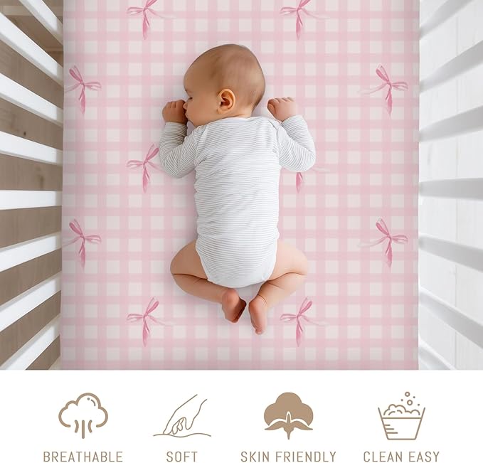 Watercolor Pink Bows Checkered Baby Crib Sheets for Girls Pastel Pink Bows Ribbon Plaid Soft Snug Fitted Crib Mattress Covers for 52''x28'' Standard Crib & Toddler Mattress Girly Valentine Bed Sheets