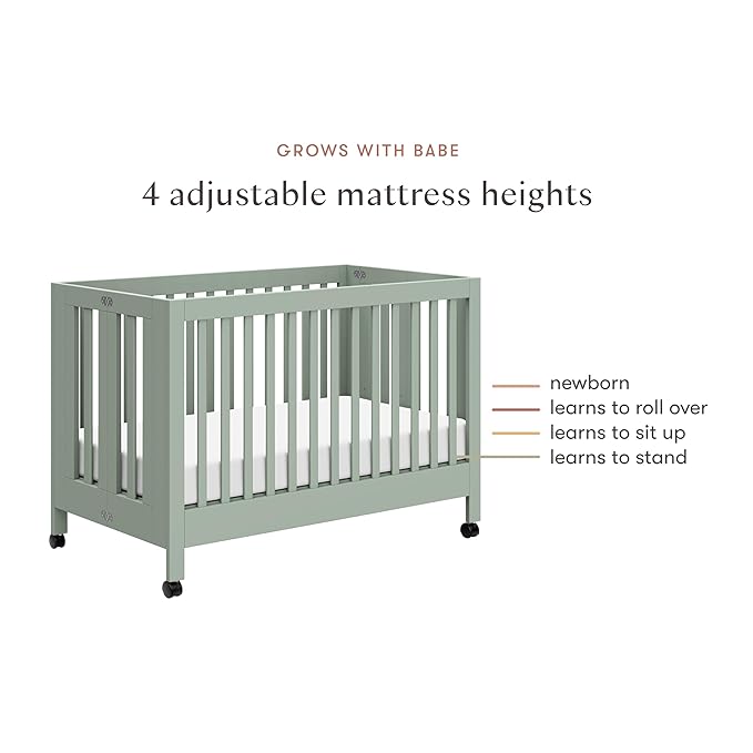Babyletto Maki 2-in-1 Portable Folding Crib with Toddler Bed Conversion Kit in Light Sage, Greenguard Gold Certified