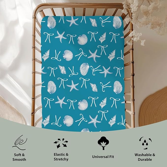 Summer Conches Bows Sea Baby Crib Sheets for Boy Girl 52"x28" Ocean Seashells Beach Soft Snug Fitted Crib Mattress Covers Boho Nautical Life Baby Sheet for Standard Crib and Toddler Bed Mattress Blue