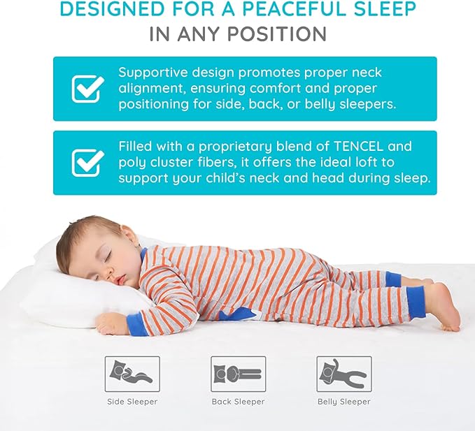 PUREgrace Tencel Toddler Pillow and Pillowcase Set – Organic Cotton Shell, Washable and Soft for Kids Ages 2-5, Perfect Size for Travel (14” x 19”)