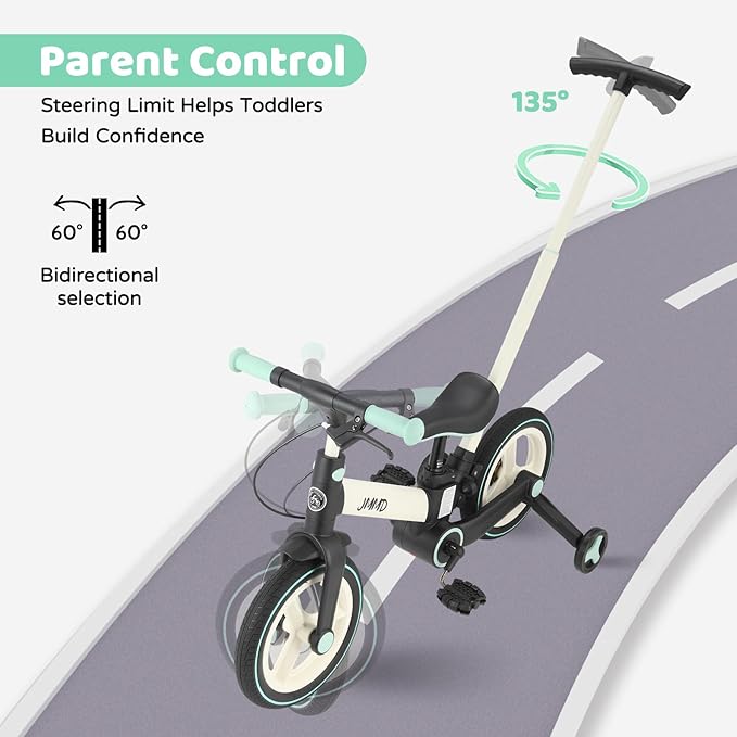 JMMD 6 in 1 Toddler Bike with Push Handle for Kids 18-60 Months, 12" Foldable Balance Bike with Training Wheels, Pedals, Brakes, Kickstand, Push Tricycle Toddler Gift & Toys for Boy & Girl