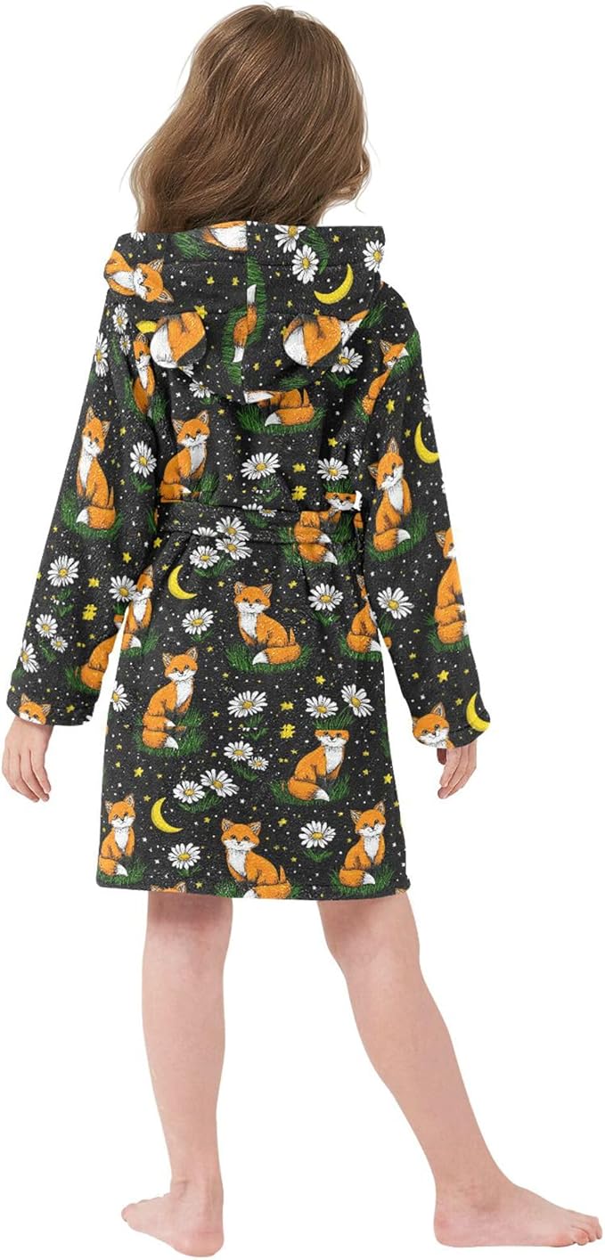 Fox Floral Cute Stars Bathrobe Hooded PJ Robe Soft Fleece Robe Pajama Sleepwears 2-12 Years