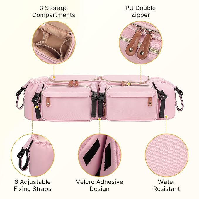 Boomistry Double Stroller Organizer for Bob Duallie and Baby Jogger City Mini GT2, Double Stroller Caddy Organizers with Cup Holder and 2 Cooler Pockets Parent Console Double Stroller Accessories