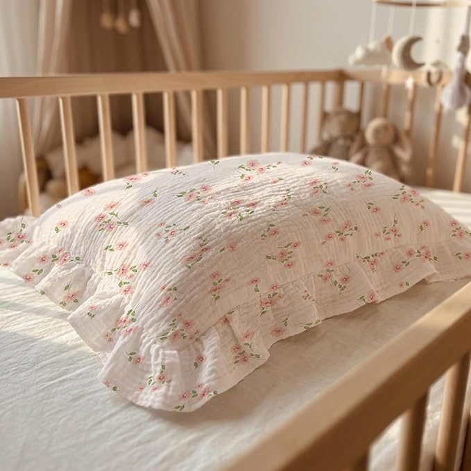 Muslin Ruffled Toddler Pillowcases 13"x18" 2 Pack, Soft, Breathable Muslin Cotton Travel Pillow Covers with Envelope Closure for Baby Boys, Girls & Kids (Blue Meadow-Ruffled, 13 x 18 Inch)