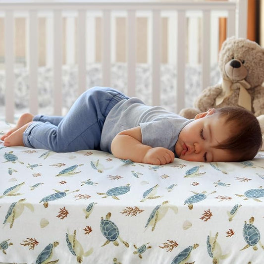 LifeTree Crib Sheets for Baby Unisex - Muslin Fitted Crib Sheets Toddler Bed Sheet, 70% Viscose from Bamboo and 30% Cotton, Fits Standard Crib, Sea Turtle, 28in x 52in