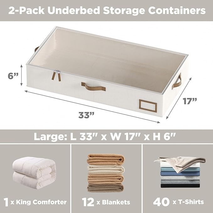 COYACOOL Under Bed Storage, Under Bed Storage Containers Bins for Clothes, Large Linen Underbed Closet Organization Bins, 2 Pack Collapsible Underbed Bin Dorm for Clothes, Sweater, Beige