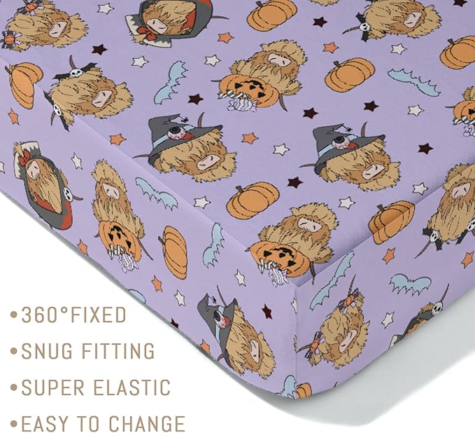 Highland Cow Halloween Baby Crib Sheets for Boy Girl Western Cowboy Fall Pumpkin Bats Soft Snug Fitted Crib Mattress Covers for 52''x28'' Standard Crib & Toddler Mattress Spooky Farm Animal Bed Sheet