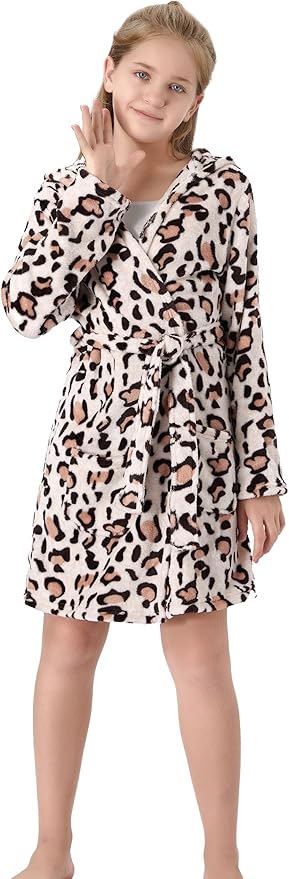 Topgal Leopard Cat Robe for Girls Fleece Toddler Kids Teen Hooded Bathrobe Size 4T-18
