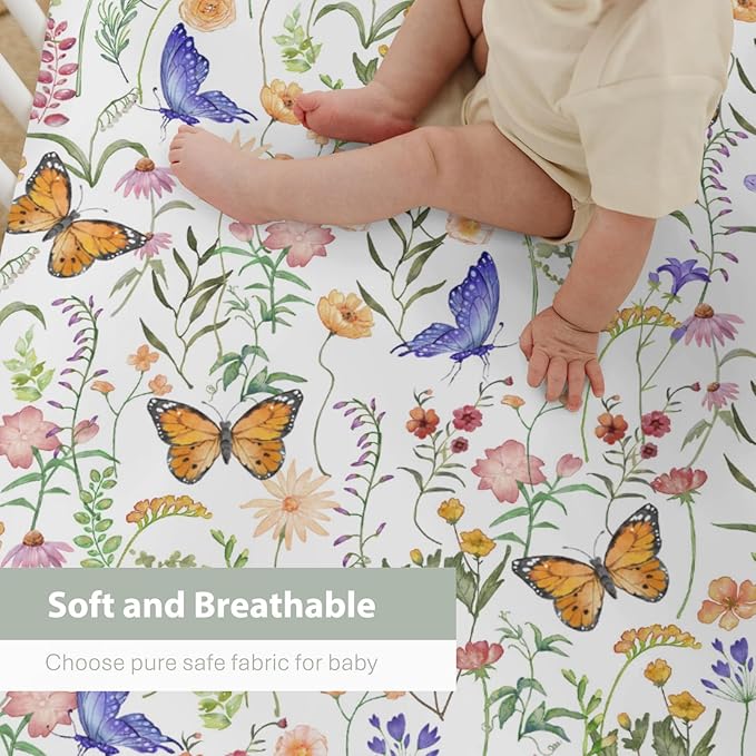 Vintage Wildflowers Butterflies Baby Crib Sheets for Boy Girl 52"x28" Colorful Spring Blossoms Soft Snug Fitted Crib Mattress Cover Wild Plant Baby Sheet for Standard Crib and Toddler Bed Mattress