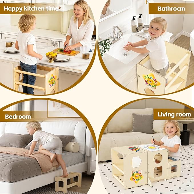 Acenova Toddler Kitchen Step Stool, 4 in 1 Foldable Learning Tower with Blackboard and Star Number Clock, Standing Step Stool Toddler Tower for Bathroom Sink, Kitchen Counter