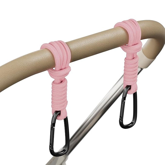 Baby Stroller Hooks, Universal Clips for Diaper and Mommy Bags, Heavy-Duty Hangers with Straps, Practical Stroller Accessory for Moms, Pink-2pc