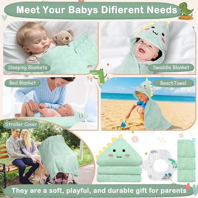 5 Pcs Baby Towel Set, 32x32 in Hooded Bath Towel, 3 Pcs Baby Washcloths and Cotton Baby Bibs for Newborns, Toddlers and Kids, Soft Baby Towels and Washcloths Set for Boys and Girls (Green Dinosaur)
