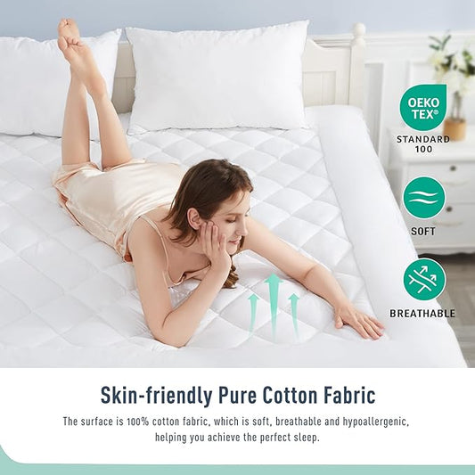 Full Mattress Pad Extra Thick Cotton Mattress Topper Quilted Fitted Mattress Cover 18-22" Deep Pocket Down Alternative Pillow Top Fluffy & Breathable (54x75 Inches, White, Thick)