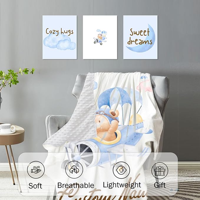 Aviator Bear Personalized Baby Crib Bedding Set, Custom Name Nursery Crib Set 5-Piece - Baby Blanket Fitted Sheet Changing Pad Cover Room Rug and Wall Art, Newborn Nursery Decor