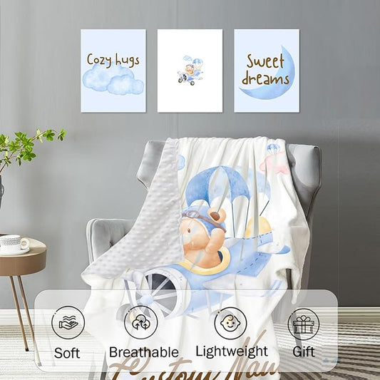 Aviator Bear Personalized Baby Crib Bedding Set, Custom Name Nursery Crib Set 5-Piece - Baby Blanket Fitted Sheet Changing Pad Cover Room Rug and Wall Art, Newborn Nursery Decor
