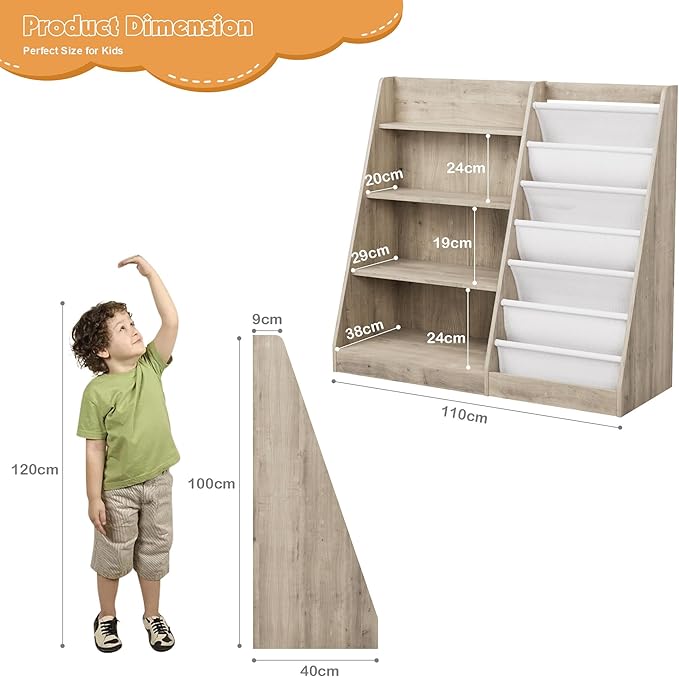 HedoAjim Kids Bookshelf Wood Toy Storage Organizer Cabinet Children Bookcase Toddler Baby Sling Book Rack Adjustable Shelf for Playroom Bedroom Nursery Hallway School Kindergarten