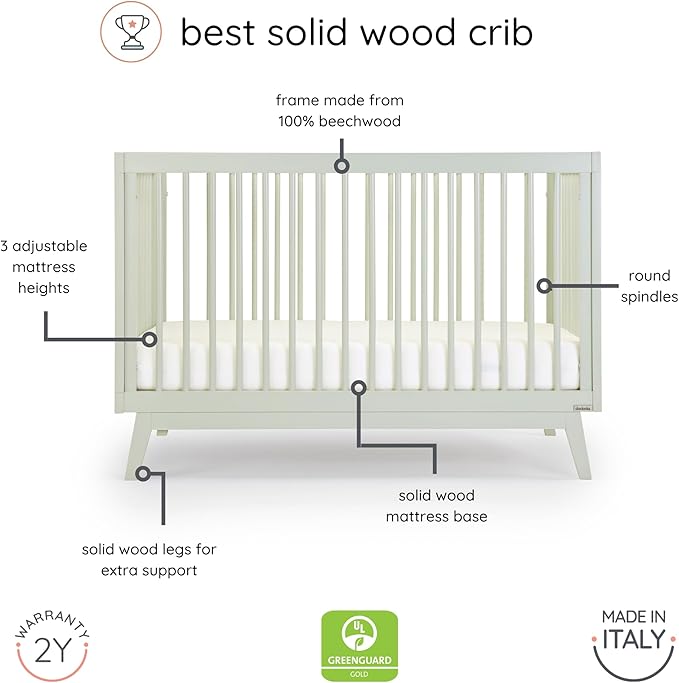 dadada Baby Soho 3-in-1 Convertible Wooden Crib to Toddler Bed - Made in Italy, GREENGUARD Gold Certified, Baby-Safe Finish, Handcrafted Beechwood, Modern Design, 3 Adjustable Heights (Sage)