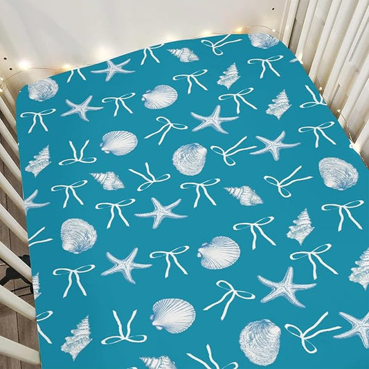 Summer Conches Bows Sea Baby Crib Sheets for Boy Girl 52"x28" Ocean Seashells Beach Soft Snug Fitted Crib Mattress Covers Boho Nautical Life Baby Sheet for Standard Crib and Toddler Bed Mattress Blue