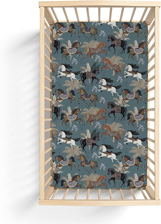 Vintage Horses Baby Crib Sheets for Boy Girl 52x28Inch Retro Arabian Horses Palm Trees Soft Stretchy Fitted Crib Mattress Covers Horse Lovers Baby Sheet Fits Crib and Toddler Bed Mattresses Blue