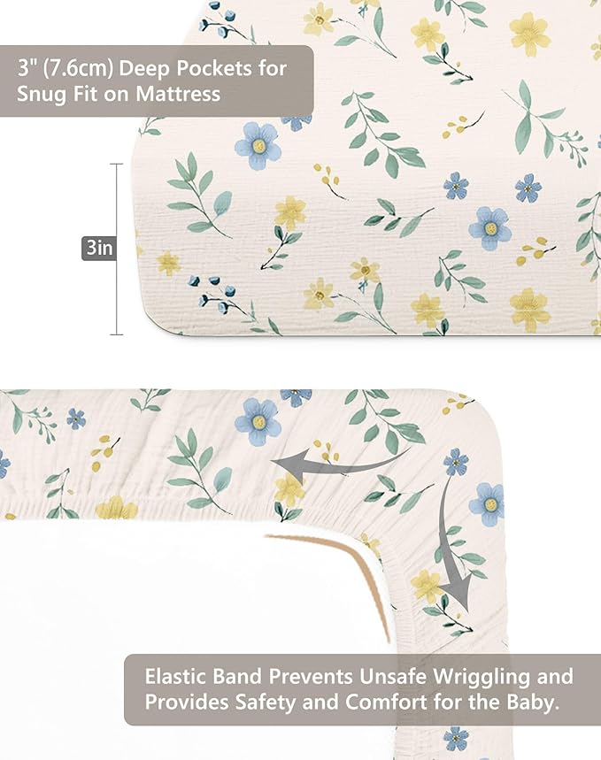 Mini Crib Sheets for Baby Boy Girl 2 Pack, Neutral Mini Crib Mattress Sheet 24" x 38", Muslin Nursery Bedding Soft and Breathable Comfort (Spring Garden & Sage)
