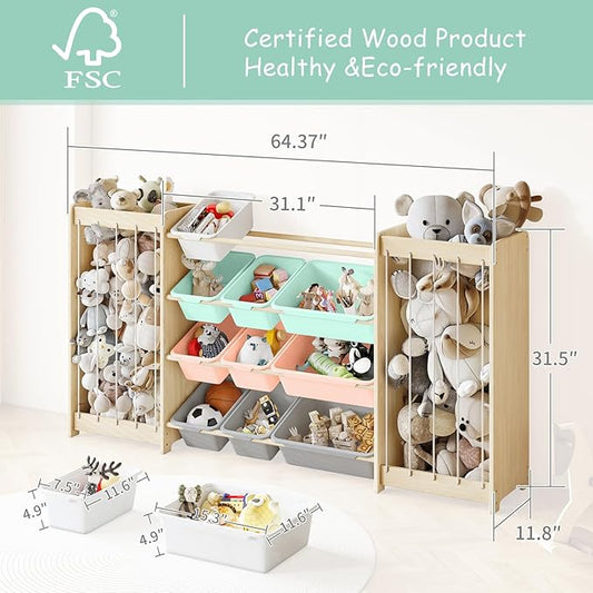EXPERLAM Toy and Stuffed Animal Storage, 12-Bin Toy Shelf with Double-Sided Stuffed Animal Holder & Thicker Elastic Ropes, Space-Saving Solid Wood Toy Organizer for Playroom, Nursery, Bedroom, Multi