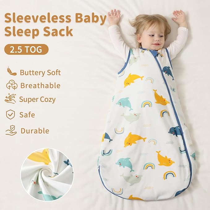 1.0 Tog 2.5 Tog Baby Sleep Sack, 100% Cotton Baby Sleeping Bag 3-24M, 2-Way Zipper Baby Wearable Blanket