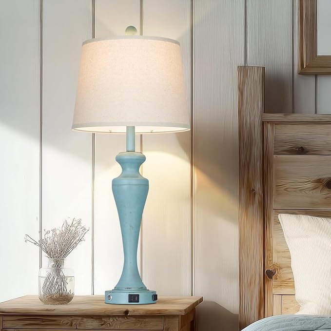 luxeflow 30" Blue Table Lamps Set of 2, Touch Control Coastal Living Room Lamp with USB A+C Ports and AC Outlet, 3-Way Bedside Lamps for Nightstand, Vintage Farmhouse Bedroom Lamp, 2 Bulbs Included
