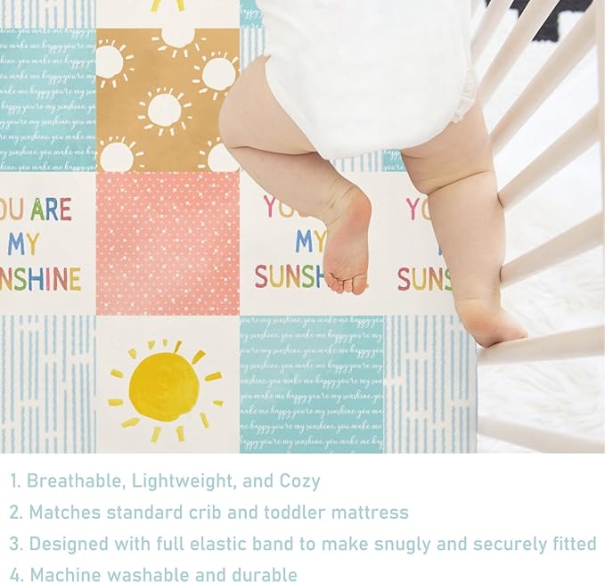Colorful Boho Sun Baby Crib Sheet 52''x28'' Cute Sunshine Stripes Stretchy Fitted Mattress Sheets for Boy Girl Letters Quote Nursery Toddler Bed Sheets for Standard and Toddler Mattress