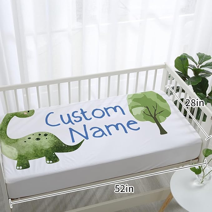 Custom Crib Bedding Set – Personalized Dinosaur Baby Bedding 5-Piece Set with Soft Blanket, Fitted Sheet, Changing Pad Cover, Rug and Wall Art – Fun Dino Nursery Gift for Boys Girls