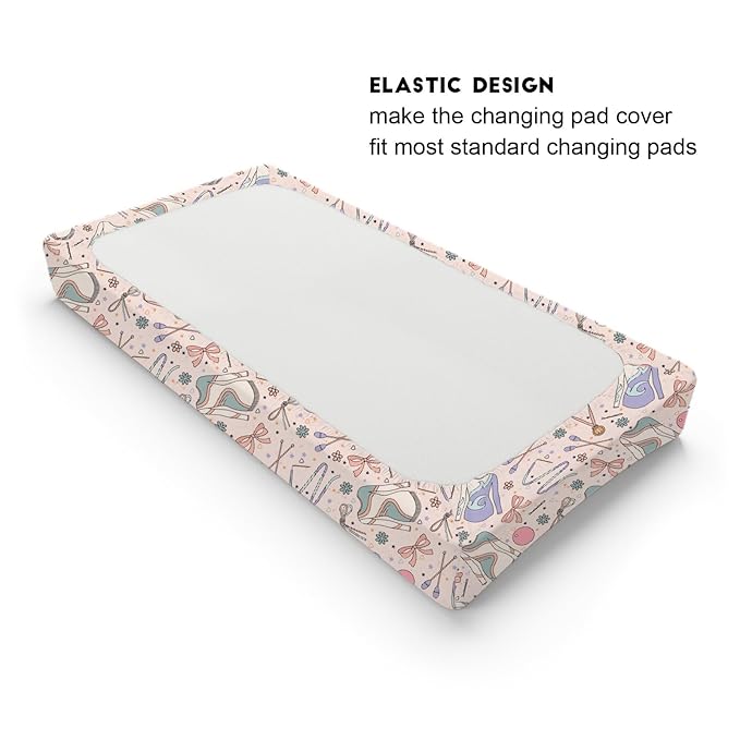 Cute Girl Gymnastics Baby Changing Pad Cover Sheets for Girls 32''x16'' Gymnast Ball Ribbon Floral Fitted Diaper Changing Table Sheets Comfort Soft Breathable Baby Change Table Mats Covers Pink