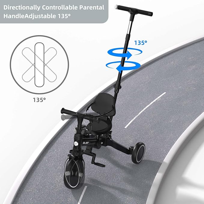 Glaf Tricycle for Toddlers 1-3 Toddler Bike with Push Handle 2-4 Years Baby Bike Toy for 1 Year Old Boys and Girls Balance Bike with Removable Pedal, Backrest, Adjustable Seat, Gifts （Black