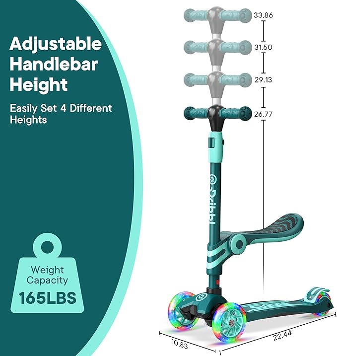 Aqua 3 Wheel Scooter with Seat for Kids, Light-Up Wheels, Adjustable Lean to Steer Handlebar and Seat, Smooth Wheels, Wide No-Slip Deck, Rear Foot Brake, Toddler Outdoor Toys for Ages 2+