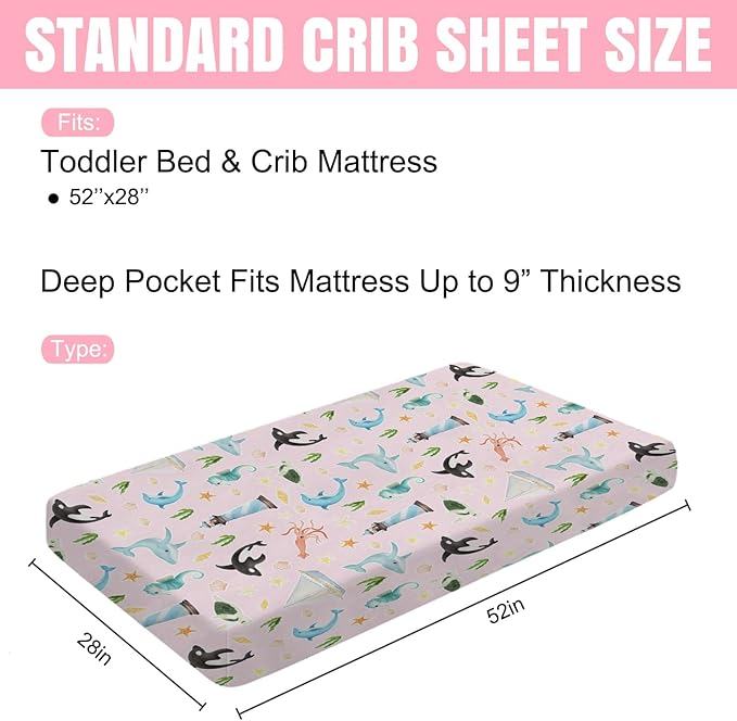 Colorful Sea Animals Baby Crib Sheet 52''x28'' Ocean Whale Dolphin Turtle Shells Coral Lighthouse Ship Stretchy Fitted Crib Mattress Cover for Boy Girl Baby Sheets for Standard Crib Toddler Mattress