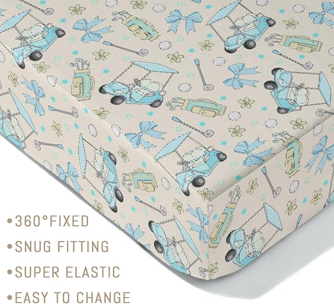 Girly Golf Stripes Bows Floral Baby Crib Sheets for Girls Pastel Blue Golfing Soft Snug Fitted Crib Mattress Covers for 52''x28'' Standard Crib & Toddler Mattress Preppy Girl Sports Nursery Bed Sheets