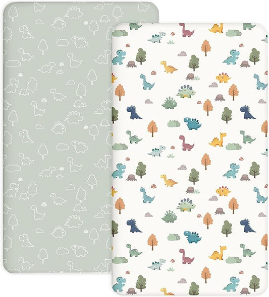 Pack and Play Sheets 2 Pack, Fitted Jersey Knit Mini Crib Sheets for Baby Boys and Girls, Compatible with Graco Pack N Play and Mini Crib Mattress (Sage Dino, Pack N Play/Mini Crib Sheets)