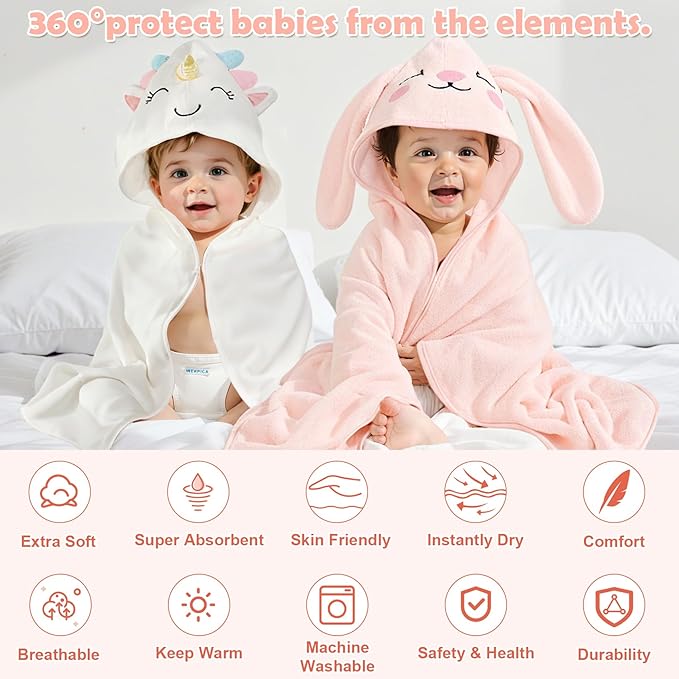 CandyHome 12 PCS Baby Bath Towels for Infants Toddlers, 4 PCS Animal Hooded Baby Towels & 8 PCS Washcloths Set, Ultra Absorbent Soft Cute Newborn Essential Gift for Boys & Girls