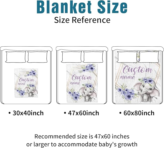 Custom Name Crib Bedding Set 3-Piece – Purple Flower Elephant Design Baby Bedding Set with Personalized Soft Blanket, Fitted Sheet, Changing Pad Cover – Ideal Newborn Gift for Boys and Girls