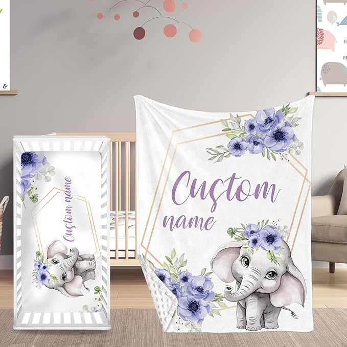 2-Piece Personalized Crib Bedding Set for Girls Boys, Including Double Layer Blanket, Crib Sheet, Infant Elephant Theme Set with Custom Name, Cozy and Durable Crib Set